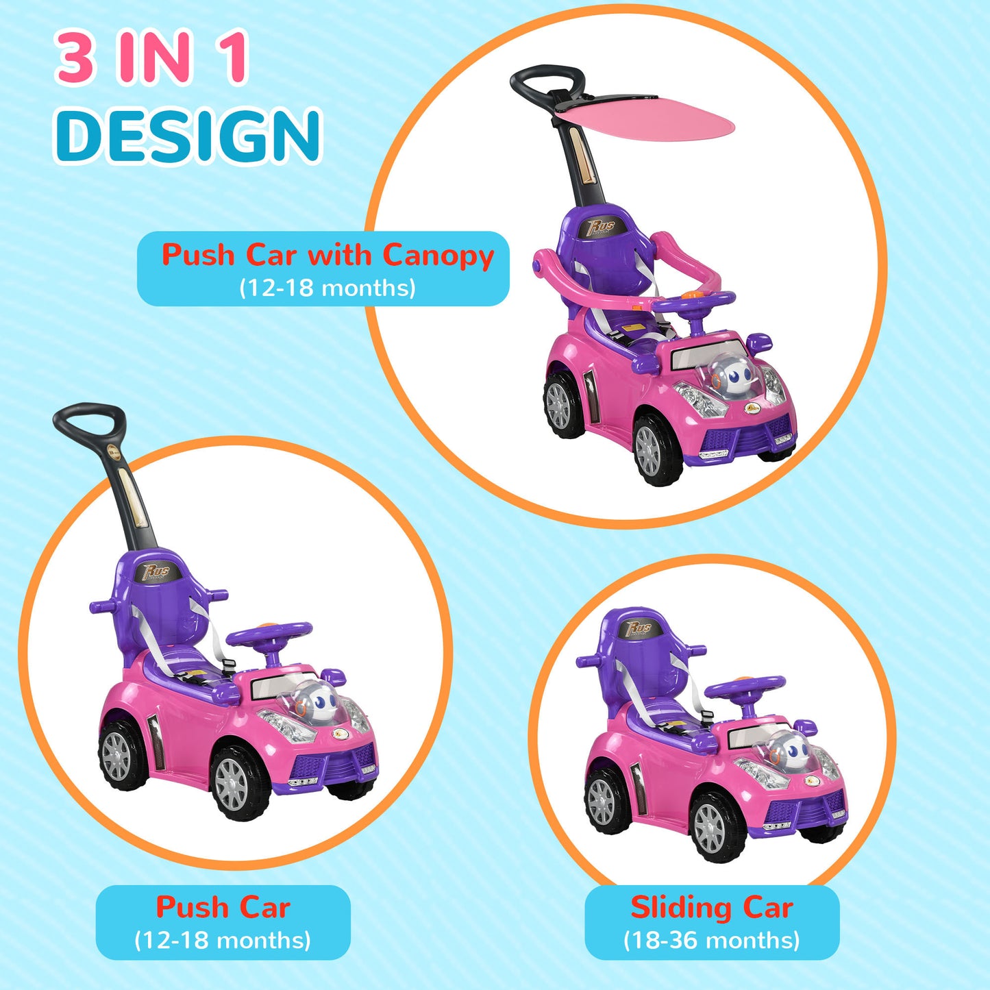 Qaba Push Car for Kids 1-3 Years, 3 in 1 Ride on Sliding Car, Foot to Floor Baby Push Car with Removable Handle, Music, Horn, Canopy, Safety Guardrail for Boys and Girls, Pink