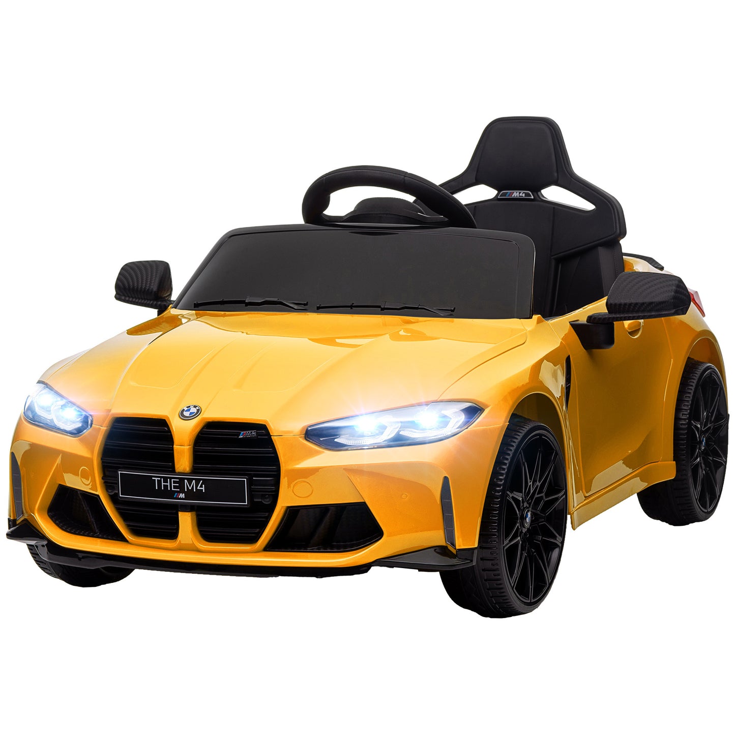 Qaba BMW M4 Licensed Kids Electric Car, 12V Ride On Car with Parent Remote Control, Suspension, Handle Attachment, Battery Powered Kids Car with LED Lights, Music, Soft Start, Yellow