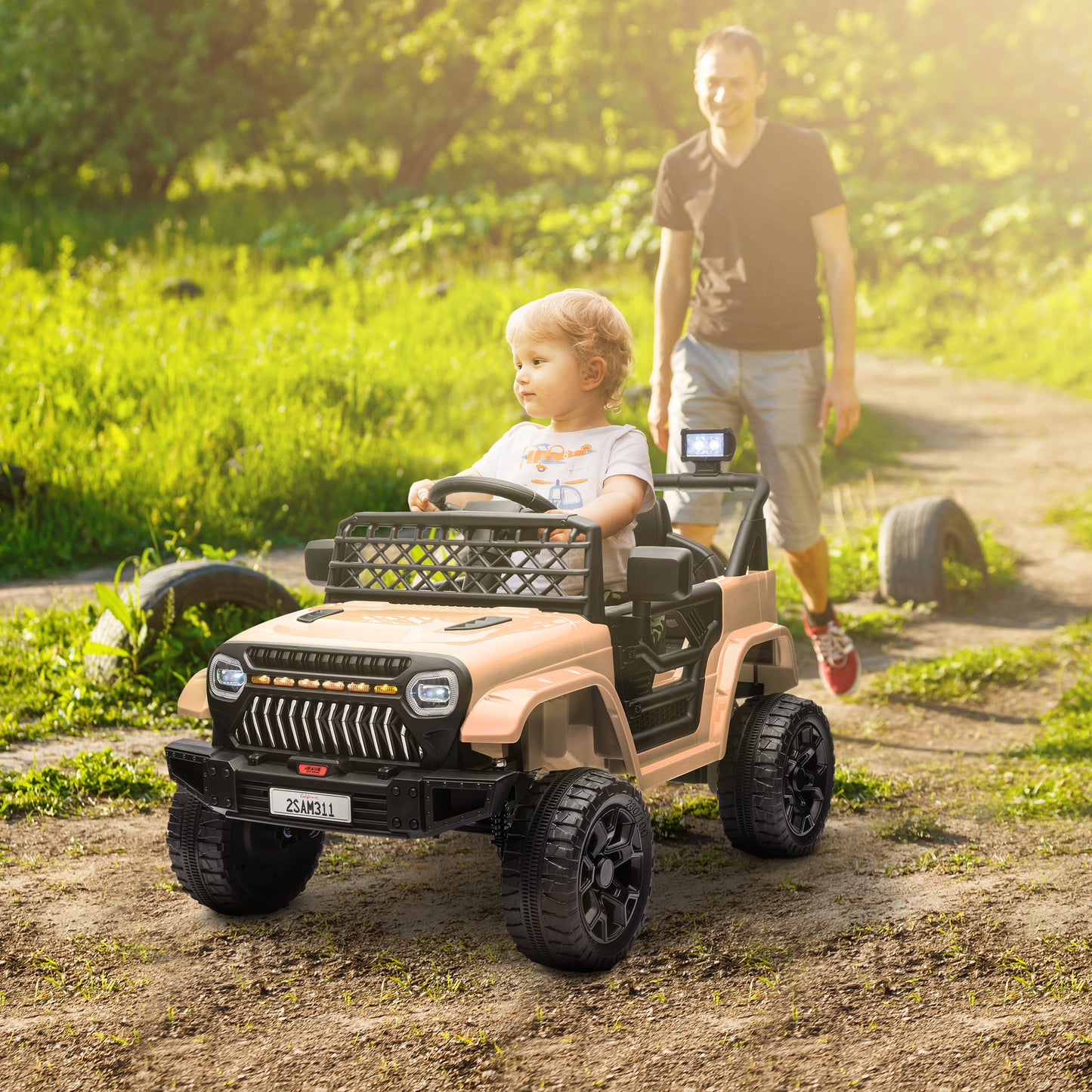 Qaba 12V Ride On Truck, Battery Powered Kids Electric Car UTV with 4 Suspension Wheels, Remote Control, 3 Speeds, LED Headlights, Horn, USB Music, Khaki