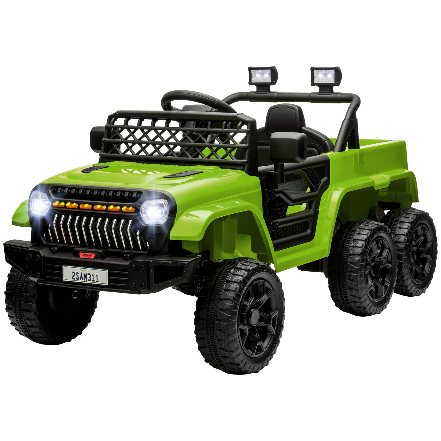 Qaba 12V 4x4 Kids Ride on Truck with Back Trailer, 2WD/4WD Switchable Kids Electric Car with Parent Remote Control, Spring Suspension System, Soft Start, Music, LED Light, Horn, Green