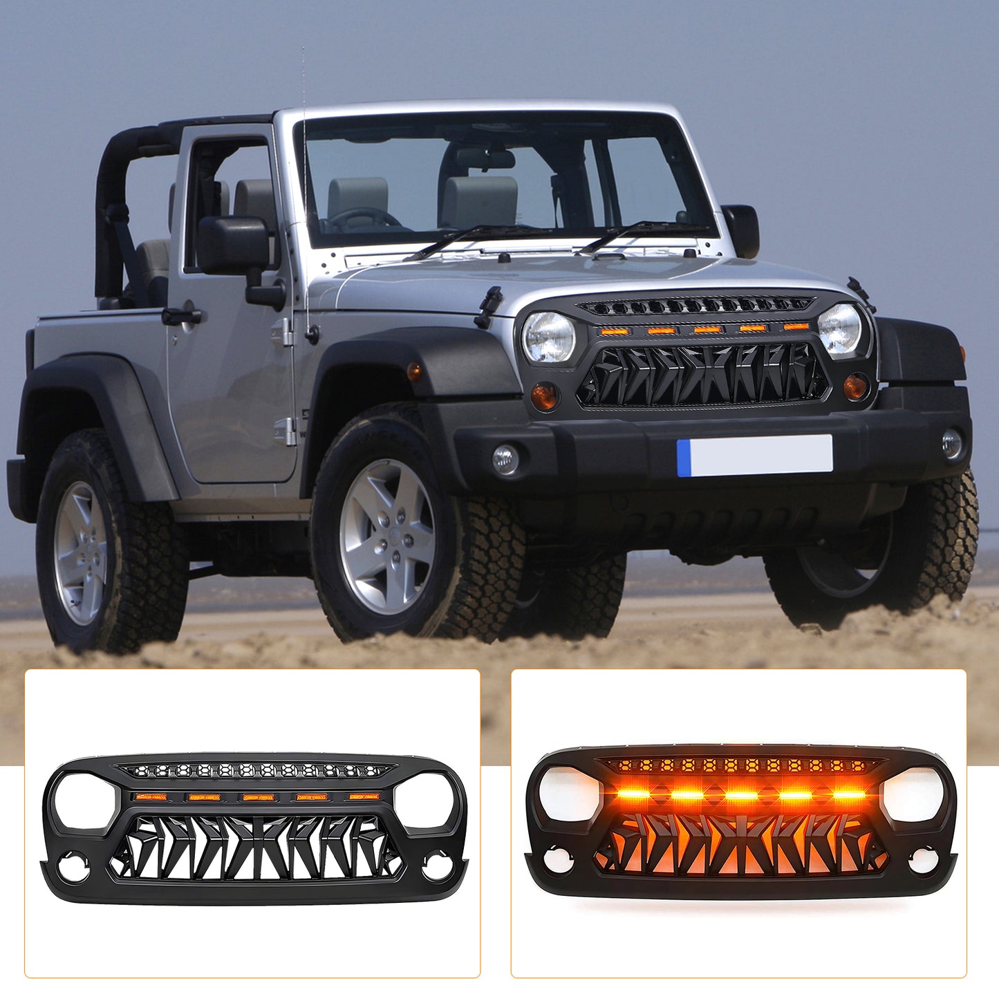 Front Matte Black Shark Grille Replacement Grill For Wrangler JK 2007-2018 with LED Lights