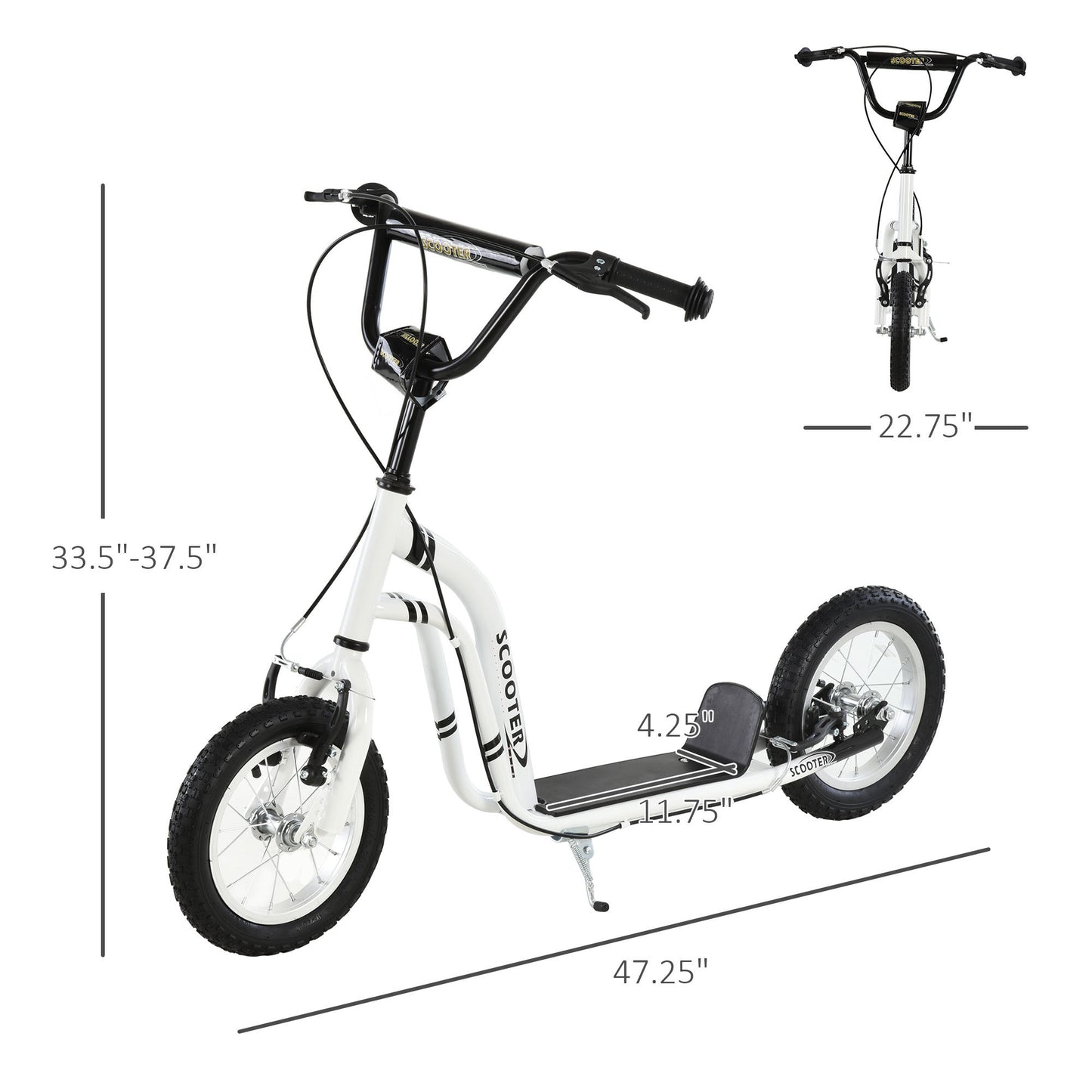 Youth Scooter Front and Rear Caliper Dual Brakes 12-Inch Inflatable Front Wheel Ride On Toy For Age 5+, White