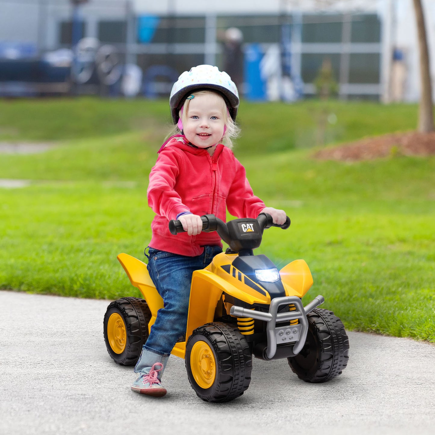 Qaba CAT Licensed Kids ATV, 6V Four-Wheeler for Kids, Electric Ride on ATV with Horn, LED Headlights, Single-Button Start for 18-36 Months, Yellow