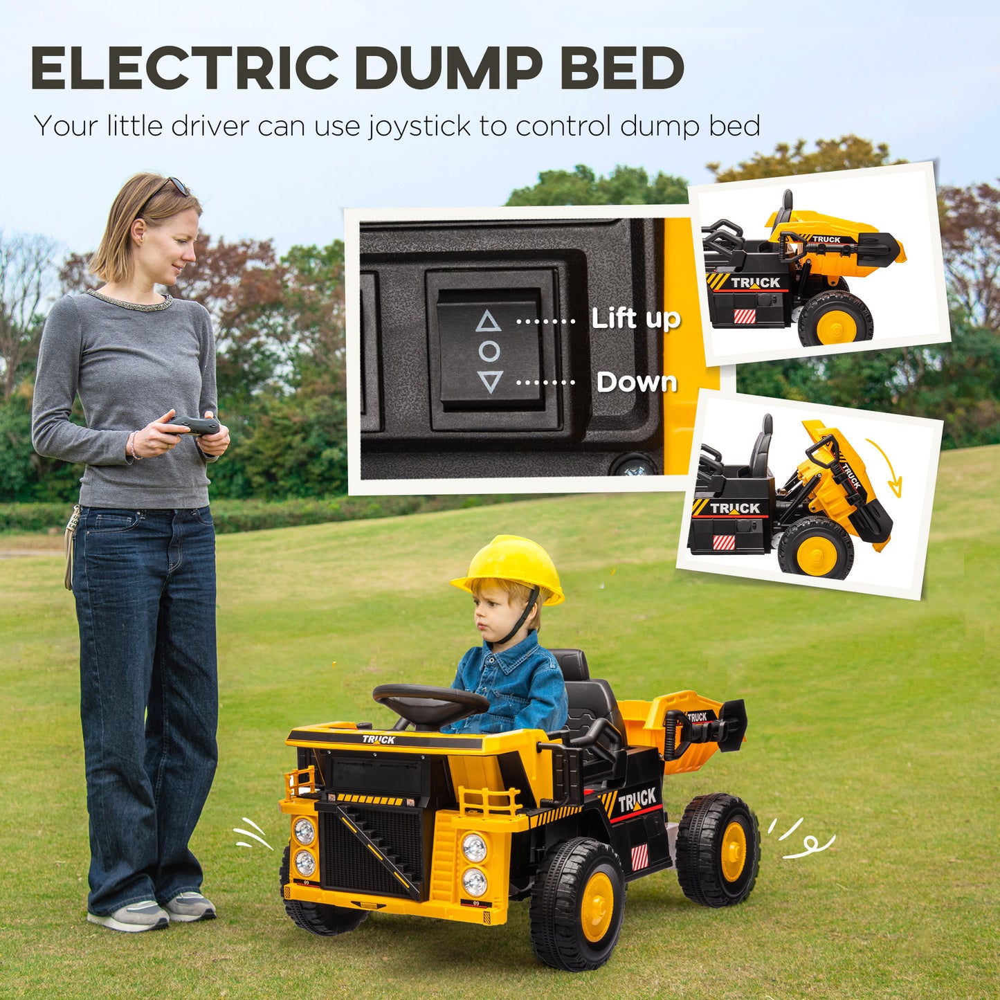 Qaba Kids Ride on Dump Truck, 12V Ride on Car with Electric Dump Bed and Extra Shovel, Spring Suspension Wheels, Music Player, LED Headlights for Boys & Girls Ages 3-5 Years