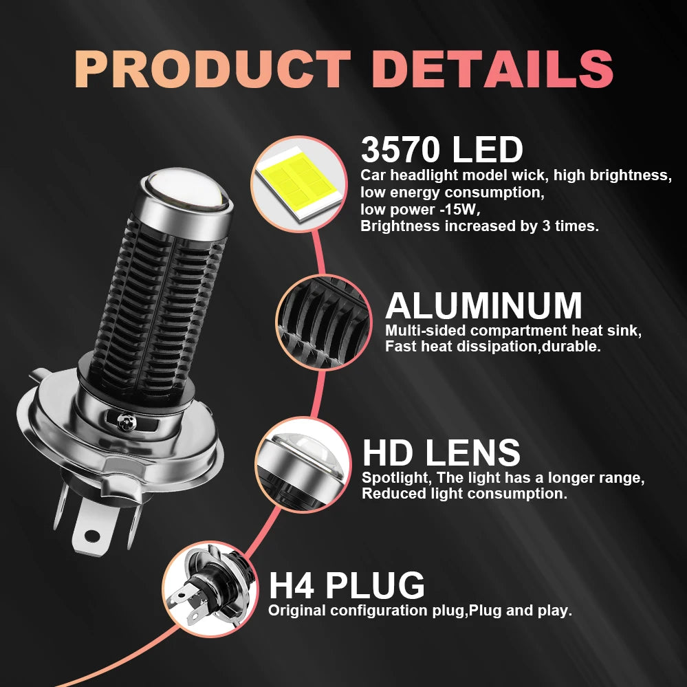 H4 9003 LED Headlight Bulbs With Lens Hi/Lo Beam 5600LM 3570-SMD Chip Spotlight for Motorcycle Headlamp Car Fog lamp.1-Pack.