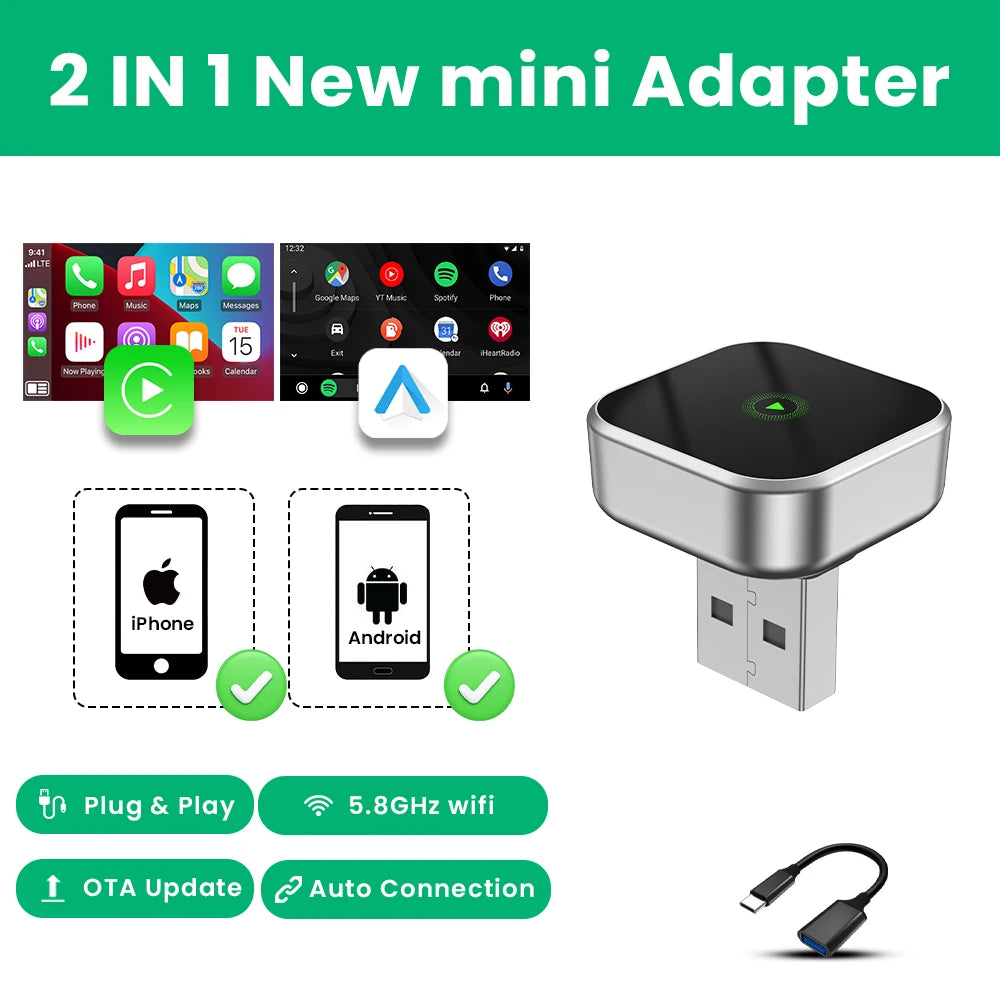 2in1 Wireless CarPlay Android Auto Adapter Smart Dongle Plug And Play Connection OTA Update Universal For 98% Wired Carplay Cars