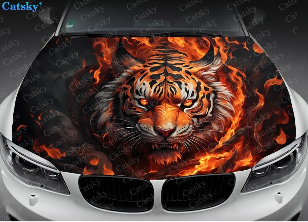 Angry Tiger With Flames Car Hood Vinyl Stickers Wrap Vinyl Film Engine Cover Decals Sticker on Car Auto Accessories