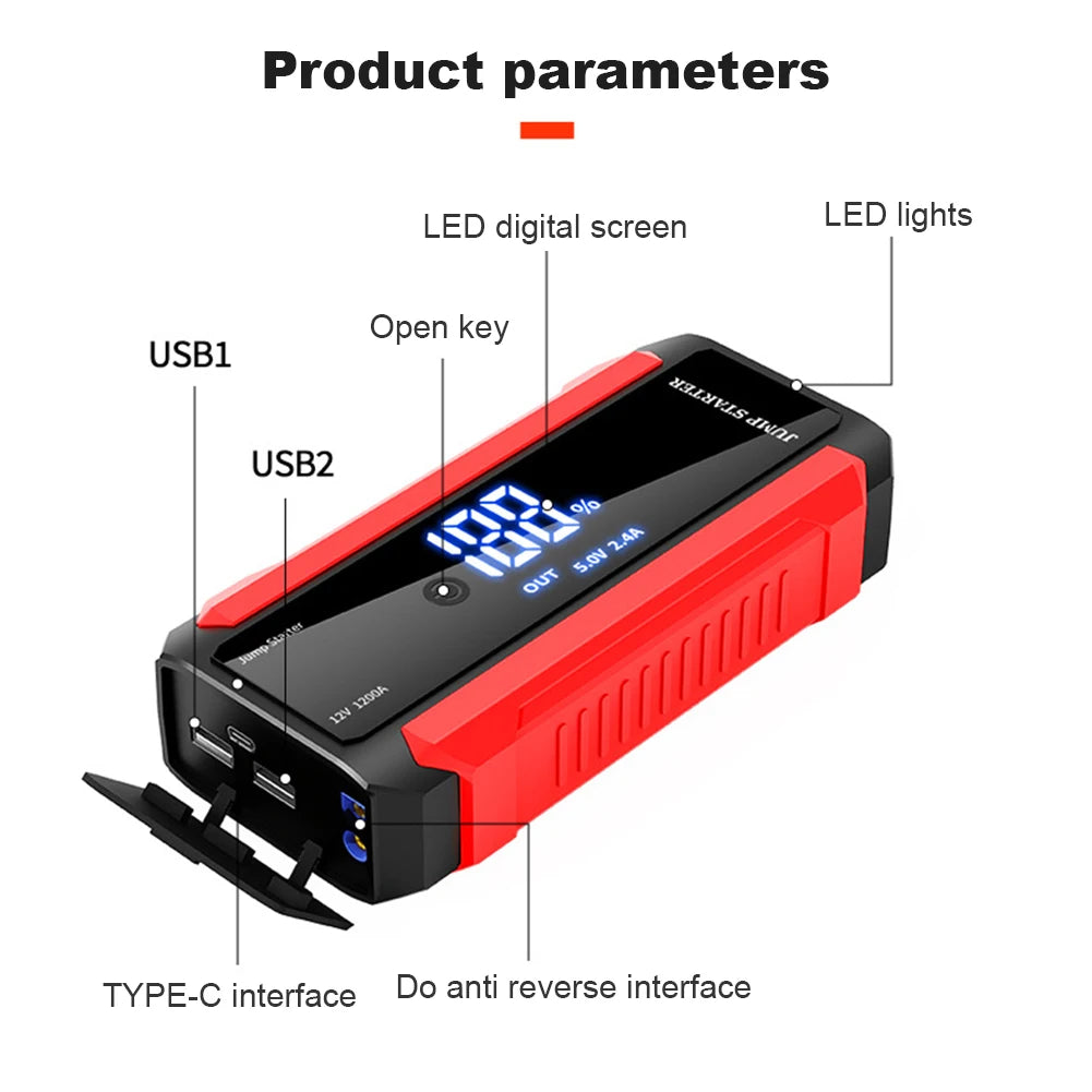 12V Car Jump Starter 30000mAh Portable Emergency Battery Booster LED Flashlight Power Bank Car Quick Starter Car Starting Device