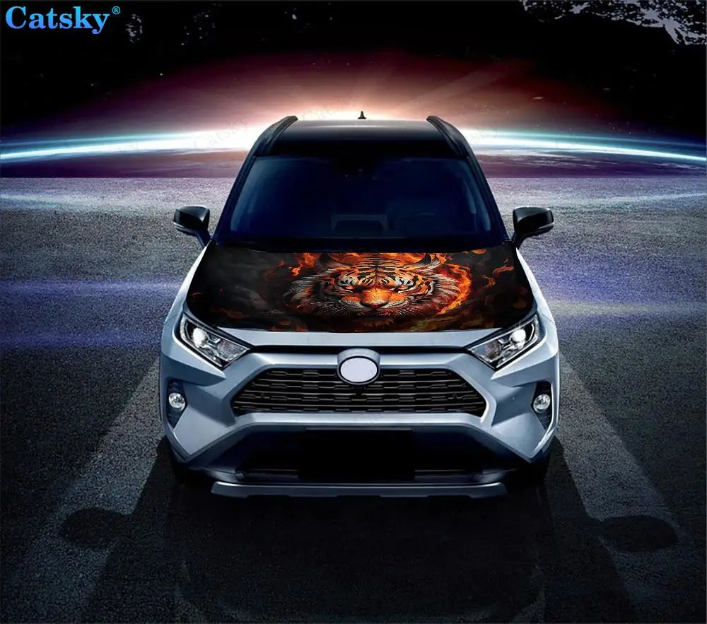 Angry Tiger With Flames Car Hood Vinyl Stickers Wrap Vinyl Film Engine Cover Decals Sticker on Car Auto Accessories