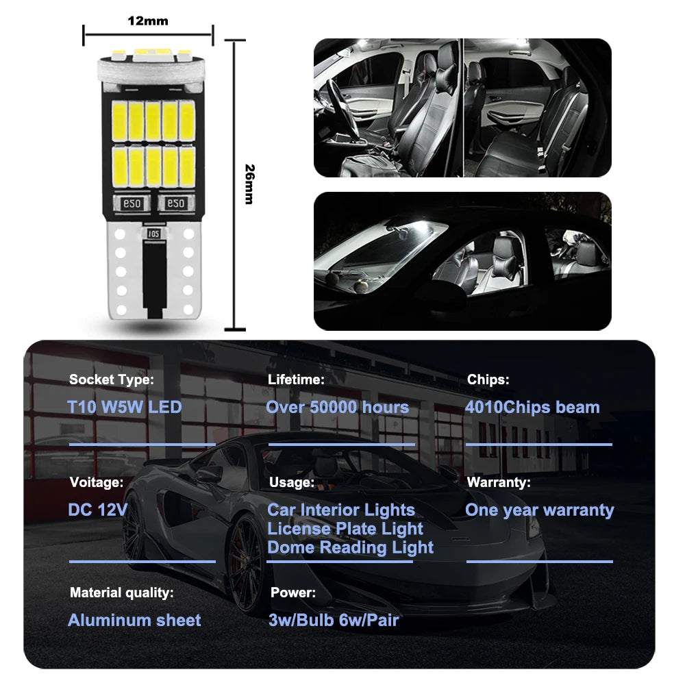 2/10x W5W T10 Led Bulbs Canbus 4014 SMD 6000K 168 194 Led 5w5 Car Interior Dome Reading License Plate Light Signal Lamp
