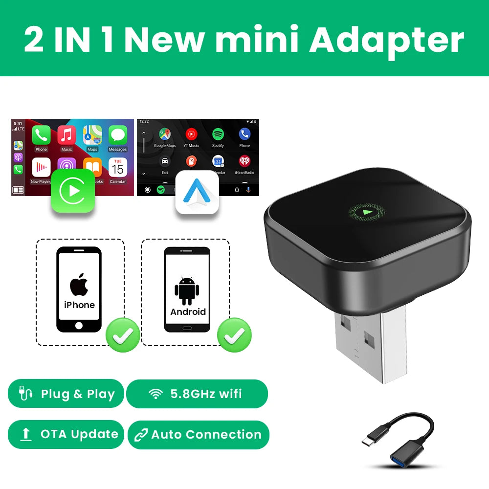 2in1 Wireless CarPlay Android Auto Adapter Smart Dongle Plug And Play Connection OTA Update Universal For 98% Wired Carplay Cars
