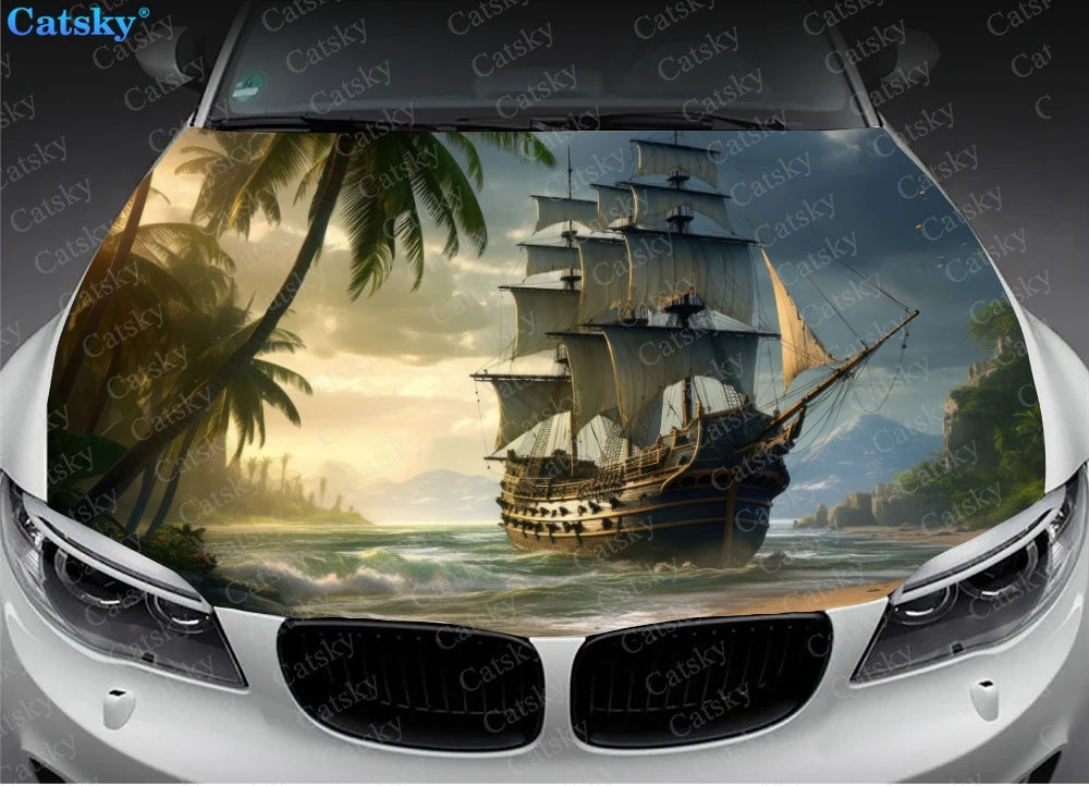 Pirate Horror Ghost Ship Car Hood Vinyl Stickers Wrap Vinyl Film Engine Cover Decals Sticker on Car Auto Accessories