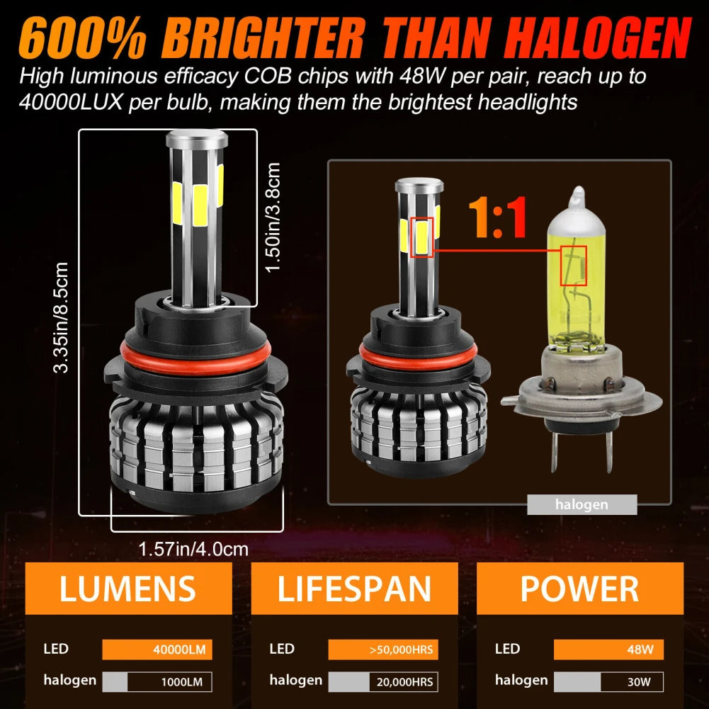 Car Led Headlight Bulb Kit 9007 Hb5 6000k 360-degree 6 Sides Bulbs Low Beam Super Bright Car Lamp For Ford F-150 F-250 F-350