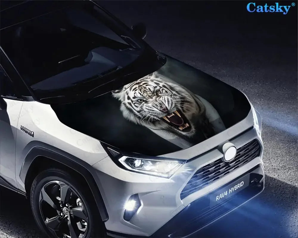 White Tiger with Big Mouth Car Hood Vinyl Stickers Wrap Vinyl Film Engine Cover Decals Sticker on Car Auto Accessories