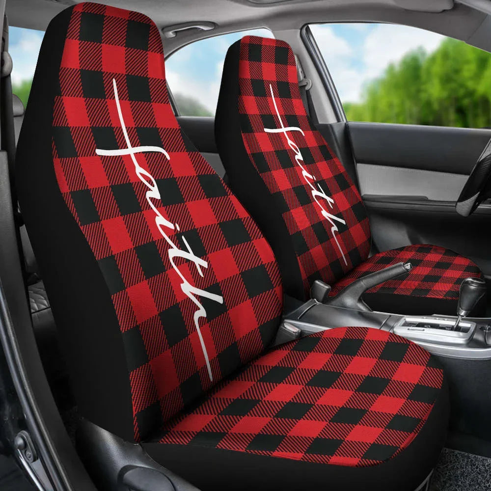 Faith Word Cross In White On Red Buffalo Plaid Car Seat Covers Religio, Pack of 2 Universal Front Seat Protective Cover