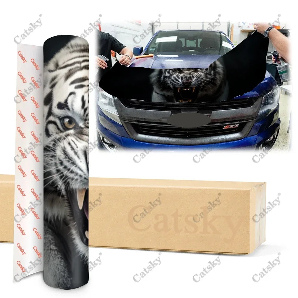 White Tiger with Big Mouth Car Hood Vinyl Stickers Wrap Vinyl Film Engine Cover Decals Sticker on Car Auto Accessories
