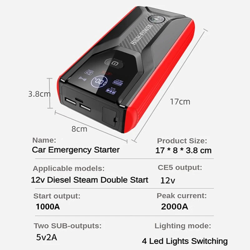 EAFC Car Jump Starter Power Supply 2000A Car Starter 28000mAh Power Bank 12V Booster Charger Starter with LED Lighting Starting
