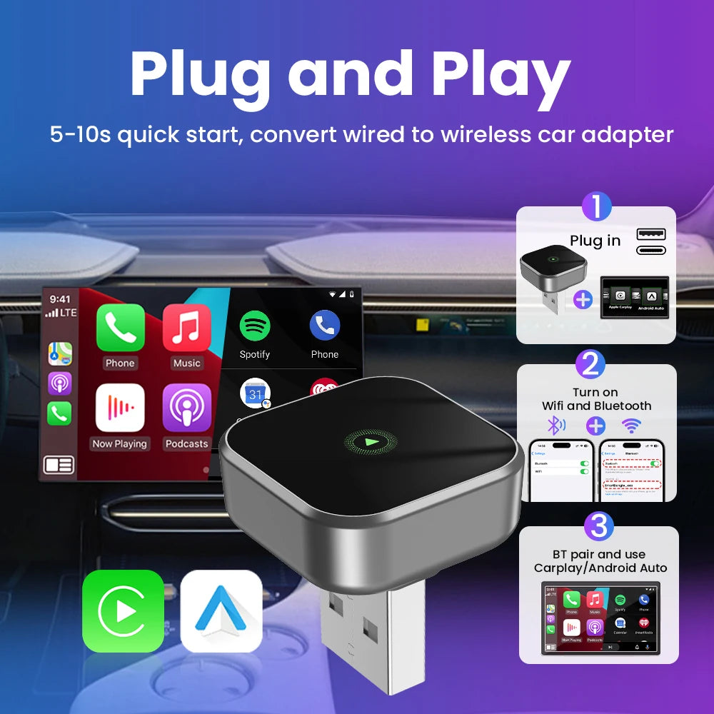 2in1 Wireless CarPlay Android Auto Adapter Smart Dongle Plug And Play Connection OTA Update Universal For 98% Wired Carplay Cars