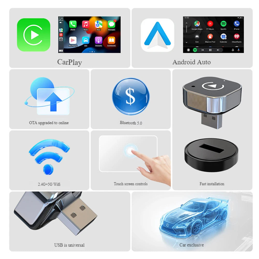 2 in 1 Wireless CarPlay Android Auto Adapter Smart Box Convert Wired To Wireless Smart USB Dongle for Factory Wired CarPlay Cars