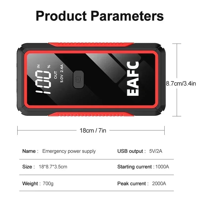 EAFC 2000A/1200A Car Jump Starter Power Bank Auto Emergency Battery Booster Starting Device Charger Diesel Petrol Cars Camping