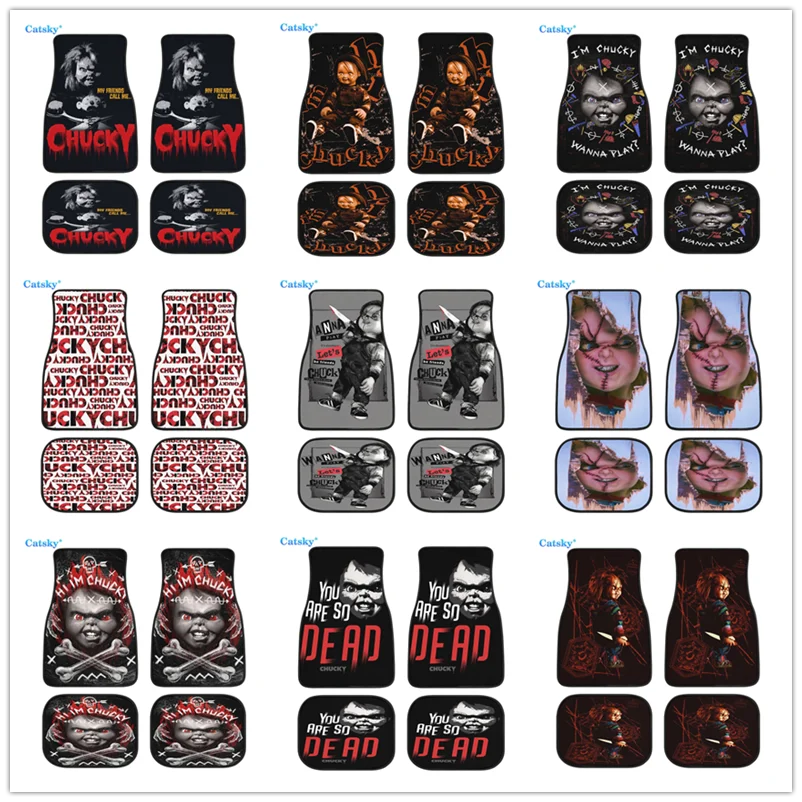 Chucky Horror Movie Character Car Foot Mat 4PCs Rubber Non-Slip Waterproof Material All-Weather Protection Accessories