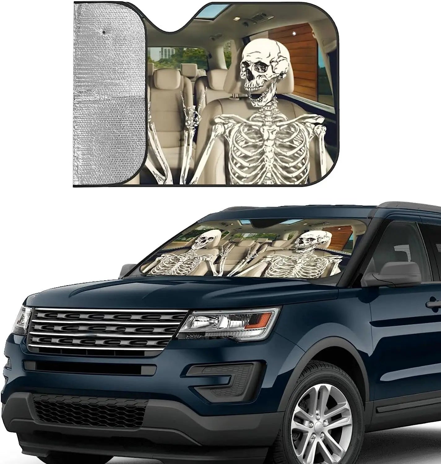 Funny Skull Driving Car Windshield Sun Shade Gothic Hippie Skeleton Sun Visor Protector Front Window Shade Keeps Out UV Rays
