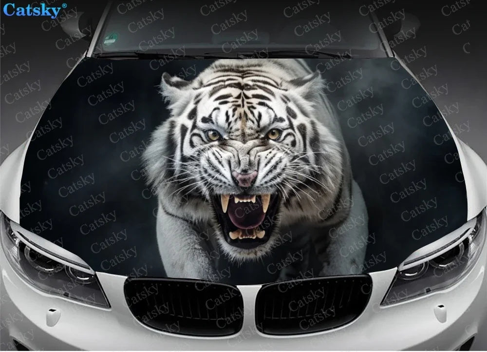 White Tiger with Big Mouth Car Hood Vinyl Stickers Wrap Vinyl Film Engine Cover Decals Sticker on Car Auto Accessories