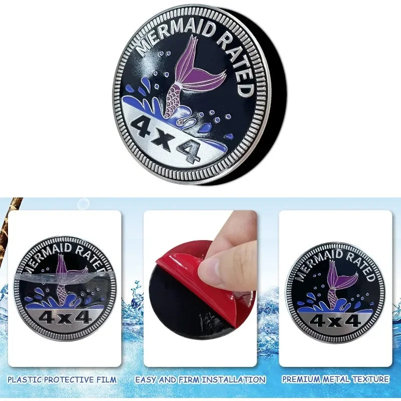 Mermaid Badge Rated Car Emblem, 4 x 4 Automotive Car Decals Stickers 3D Metal Round Decals for Jeep Wrangler Vehicles Trucks SUV