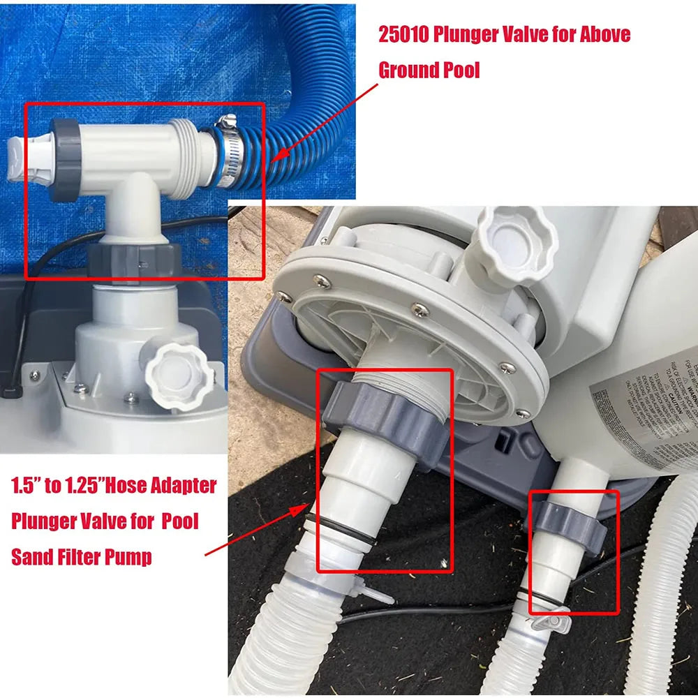 10747 25010 Plunger Valve and 1.5" to 1.25" Hose Adapter Plunger Valve for Above Ground Pool and Pool Sand Filter Pump (2 PCS)