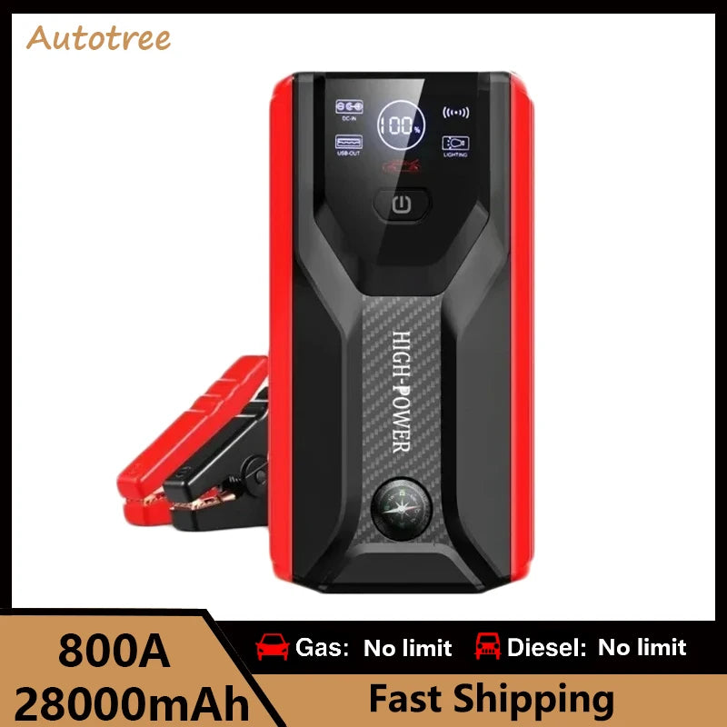 28000mAh Power Bank 800A Car Jump Starter Car Battery Booster Charger Starting Device Auto Emergency Start-up Lighting