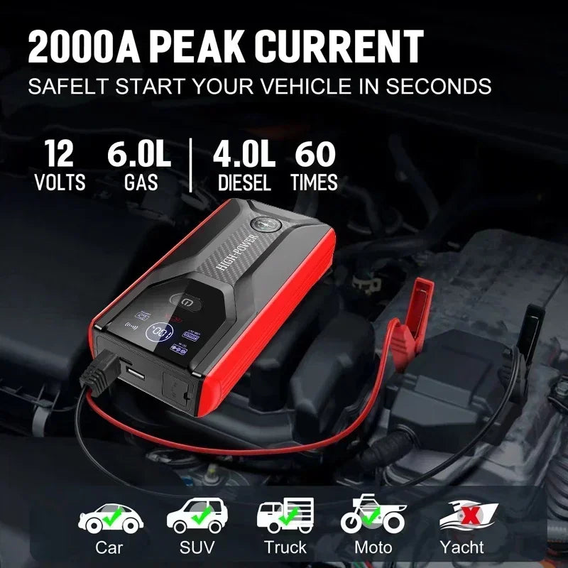EAFC Car Jump Starter Power Supply 2000A Car Starter 28000mAh Power Bank 12V Booster Charger Starter with LED Lighting Starting