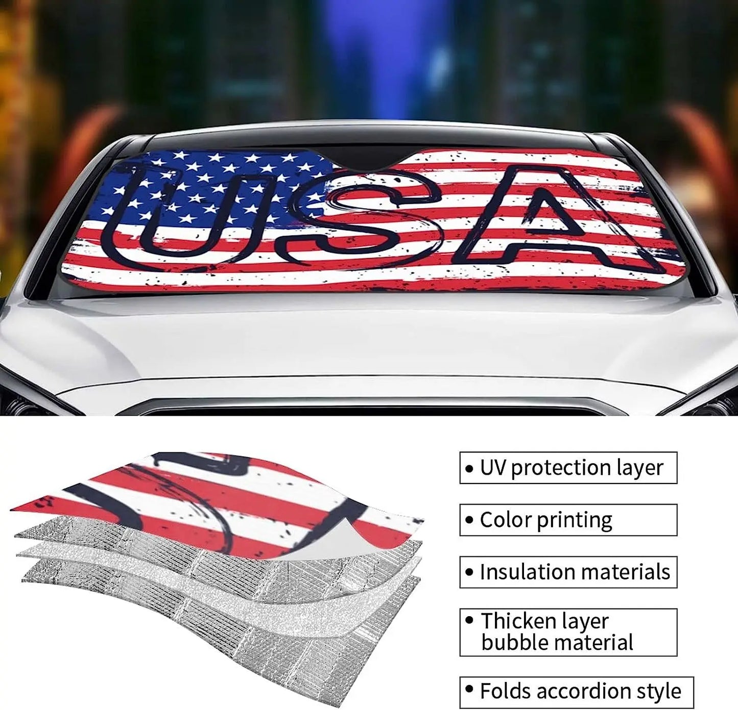 American Flag USA Car Windshield Sunshade Car Front Window Sunshade Sun Visor Protector Keeps Out Uv Rays Car Truck SUV