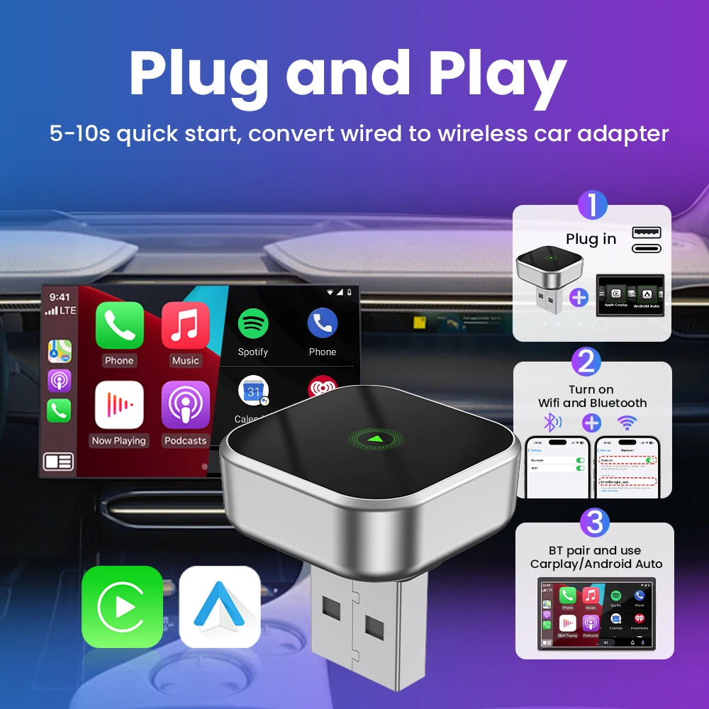 CarPlay Android Auto Wireless Adapter Plug And Play Bluetooth WiFi Auto Connection For Kia Jeep Audi Volvo Peugeot Opel Renault