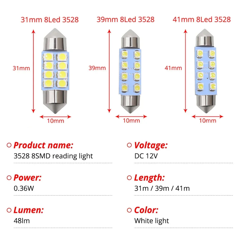 2Pcs Interior Reading Light T10 31mm 39mm 41mm DC12V White 3528 8SMD LED Top Door Dome Light Reading Lights Interior Lighting