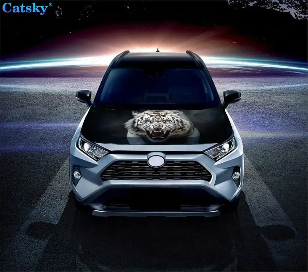 White Tiger with Big Mouth Car Hood Vinyl Stickers Wrap Vinyl Film Engine Cover Decals Sticker on Car Auto Accessories