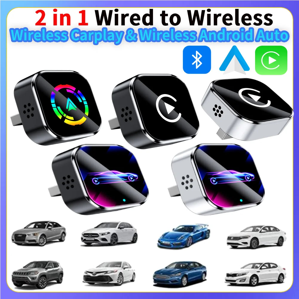 2 in 1 Wired to Wireless CarPlay Adapter Plug & Plug Bluetooth WiFi Auto Connect Converts for Wired CarPlay/Andriod Auto Car