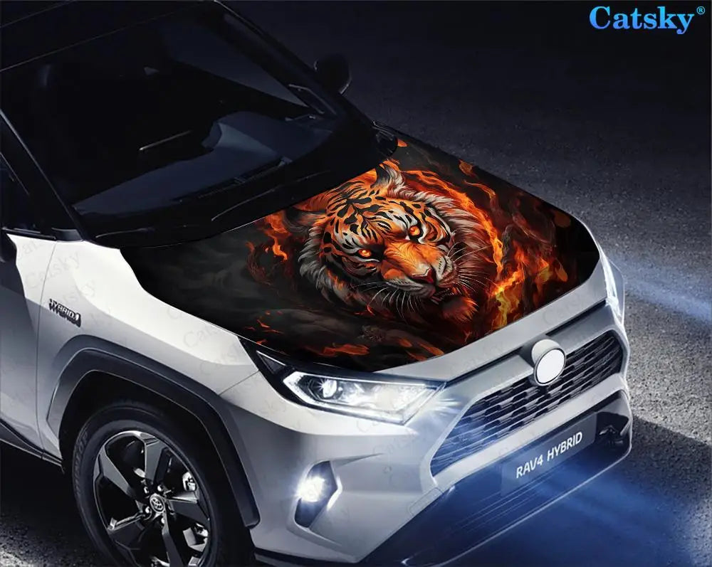 Angry Tiger With Flames Car Hood Vinyl Stickers Wrap Vinyl Film Engine Cover Decals Sticker on Car Auto Accessories