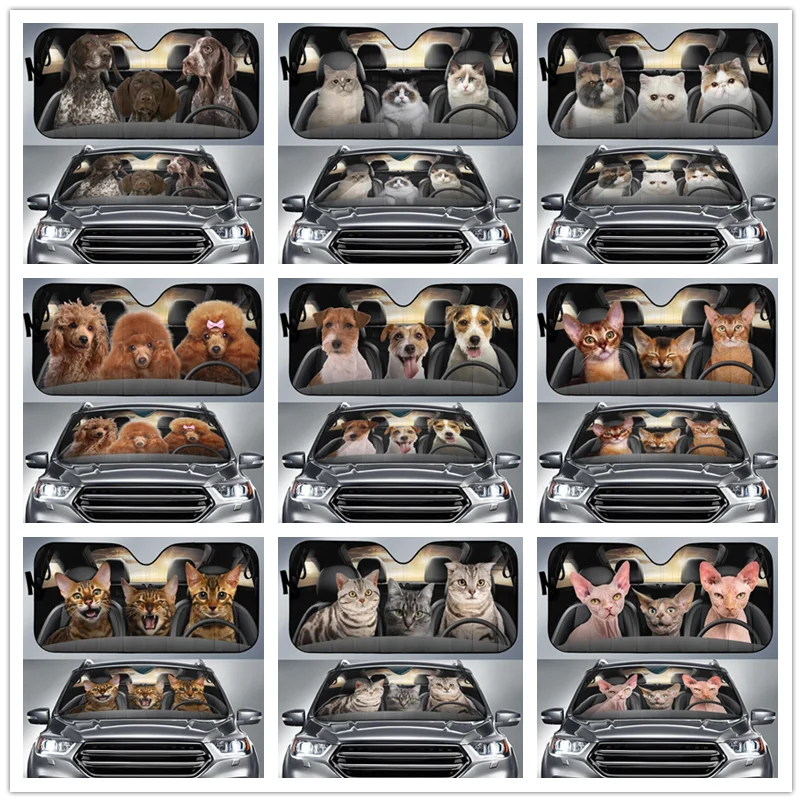 Driving Three Cat Dog Animals Car Auto Sunshades Heat Resistant, UV Resistant Car Auto Sunshades