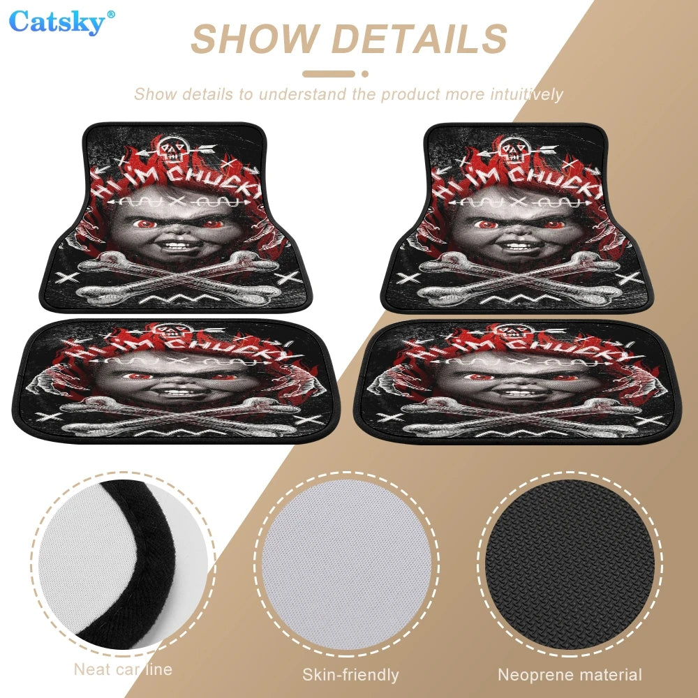 Chucky Horror Movie Character Car Foot Mat 4PCs Rubber Non-Slip Waterproof Material All-Weather Protection Accessories