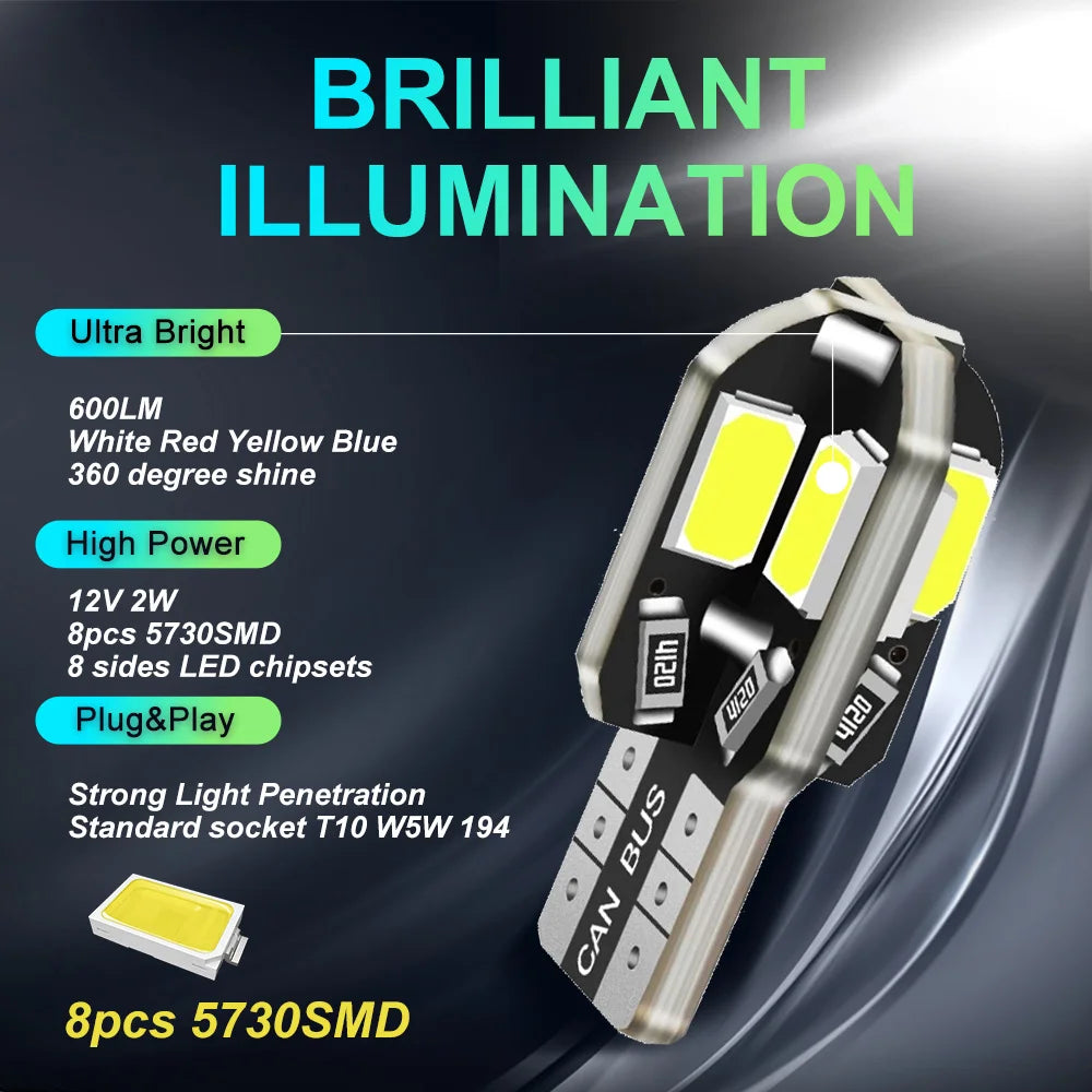 20PCS W5W T10 LED Bulbs Canbus 5730 8SMD 12V 6000K 194 168 LED Car Interior Map Dome Lights Parking Light Auto Signal Lamp