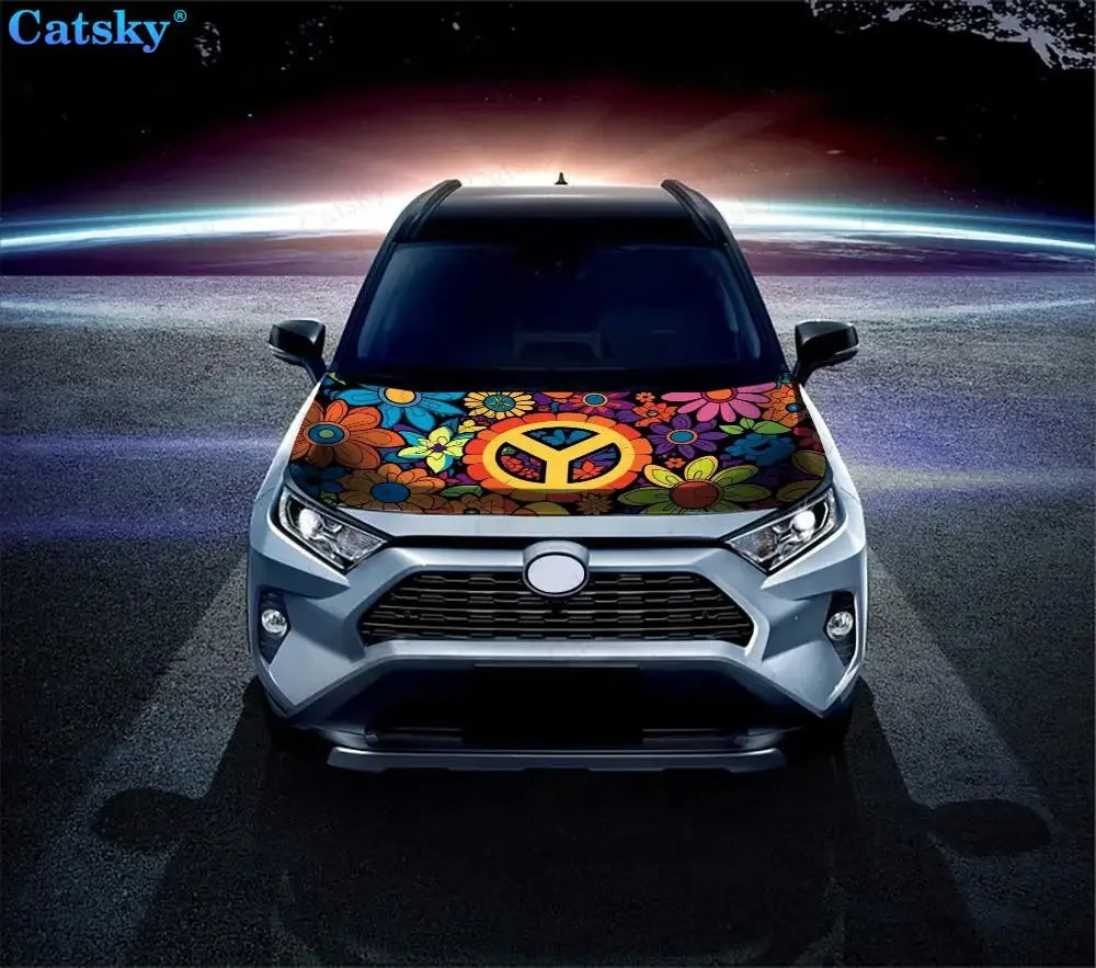 Hippie Vibes Retro Peace Signs Car Hood Vinyl Stickers Wrap Vinyl Film Engine Cover Decals Sticker on Car Auto Accessories