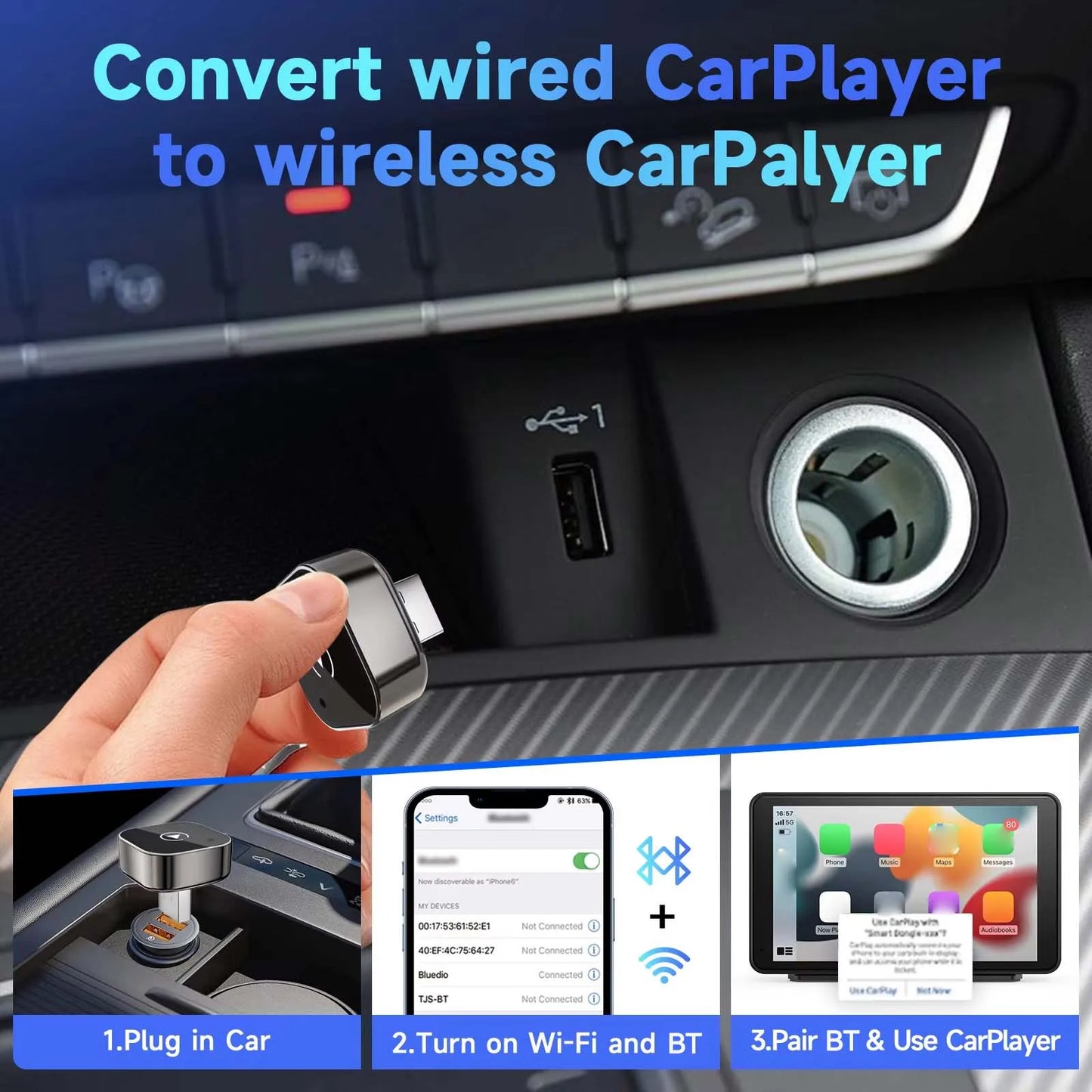 Car AI Box Carplay Android Auto Wireless Adapter 2 In 1 Mini Box Wireless Adapter Plug And Play 2.4-5.8GHz WiFi Bluetooth
