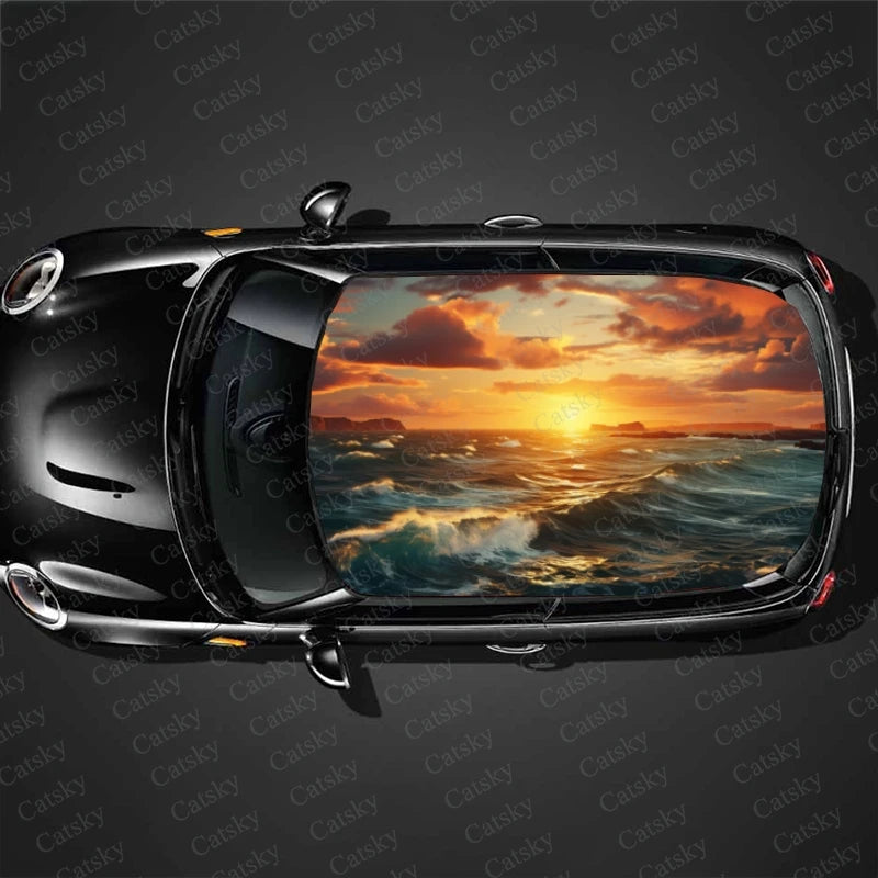 Sea Beach with Sunset Car Roof Sticker Wrap Racing SUV Accessories Packaging Painted PVC Custom Car Graphic Decal
