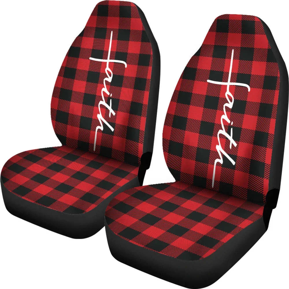 Faith Word Cross In White On Red Buffalo Plaid Car Seat Covers Religio, Pack of 2 Universal Front Seat Protective Cover