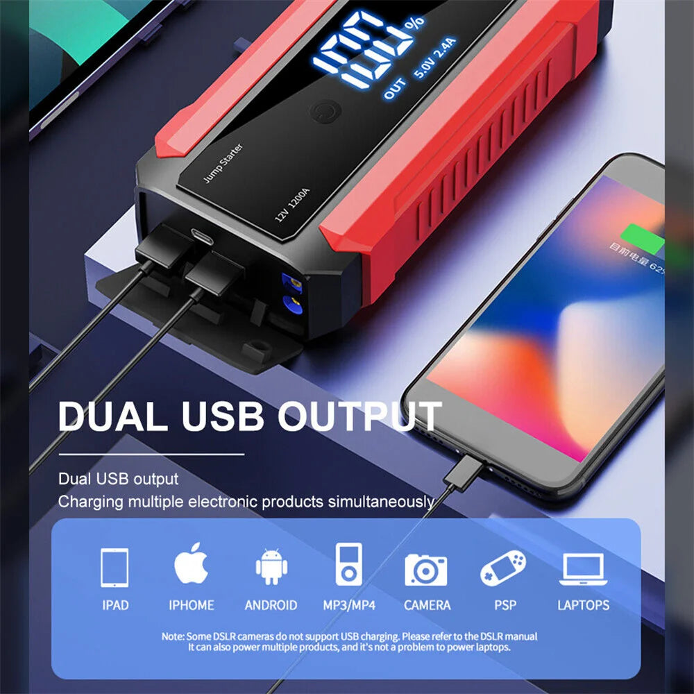 30000mAh Car Jump Starter 1200A 12V Portable Emergency Start-up Charger For Cars Booster Battery Starting Device With LED Light