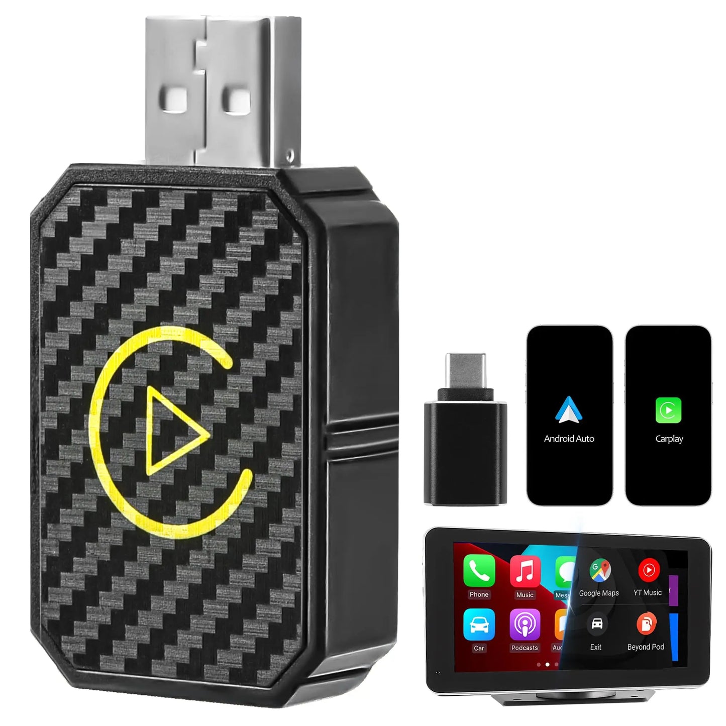 2 in 1 Car Wireless CarPlay Adapter & Android Auto Adapter Type-C/USB Fast Connection Wired to Wireless for iPhone/Android