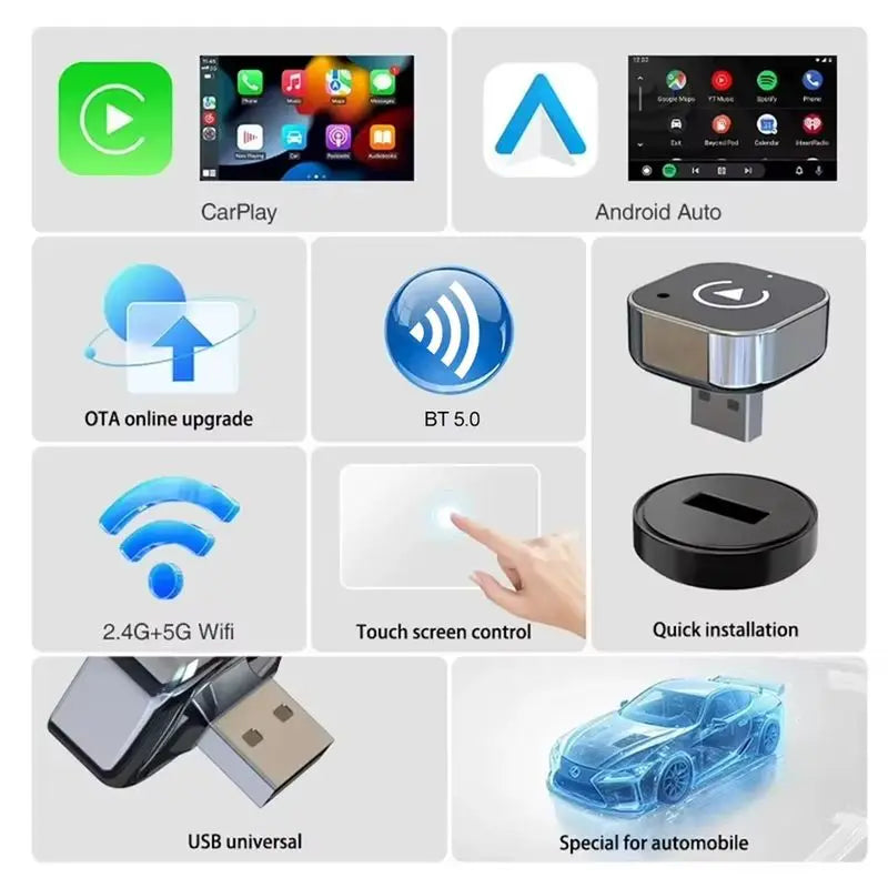 LAESD Q1A Wireless Dual-Band Car Adapter 2 in 1 Plug and Play Mini USB Compact Design