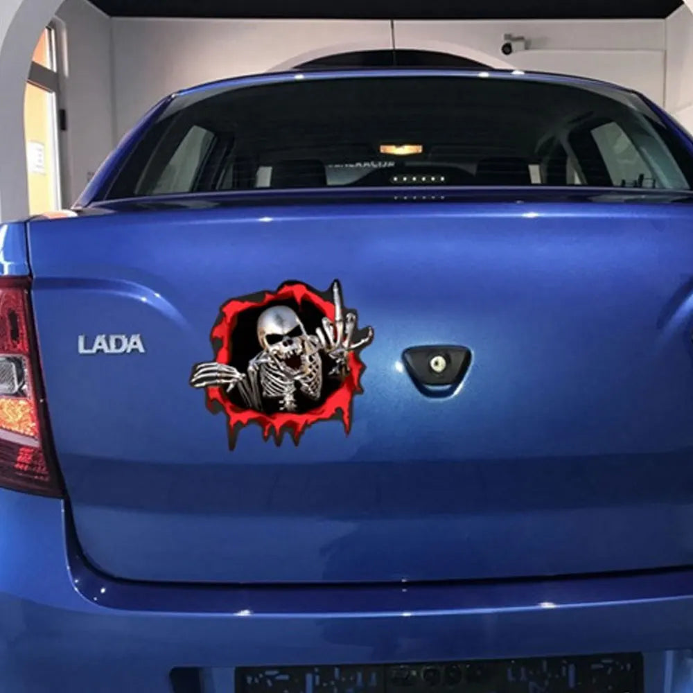AUTCOAT 1Pcs 18*14cm Skull Middle Finger Funny Car Stickers Car Window Decorative Sticker Skull Decal for Car Decoration