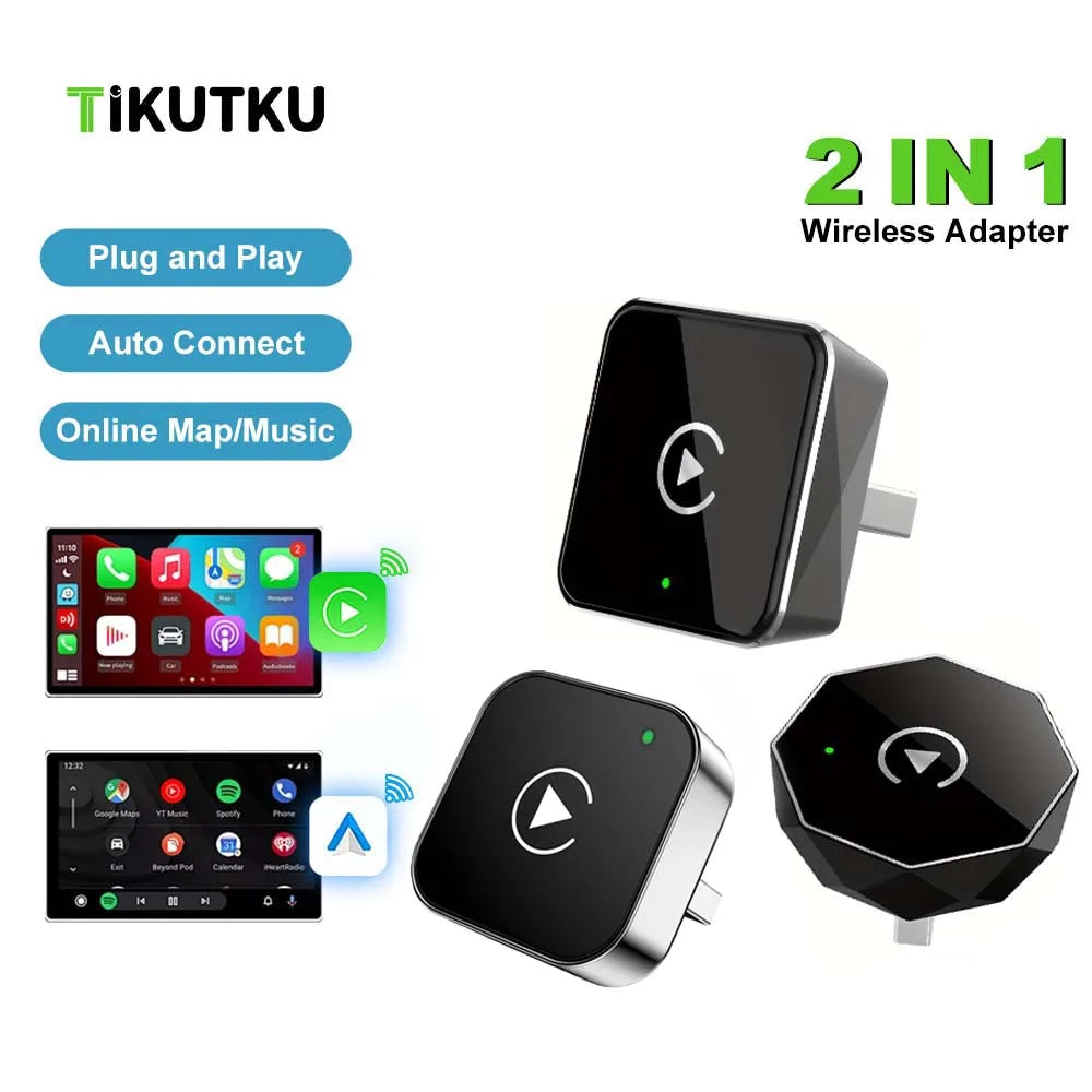 Car AI Box Carplay Android Auto Wireless Adapter 2 In 1 Mini Box Wireless Adapter Plug And Play 2.4-5.8GHz WiFi Bluetooth