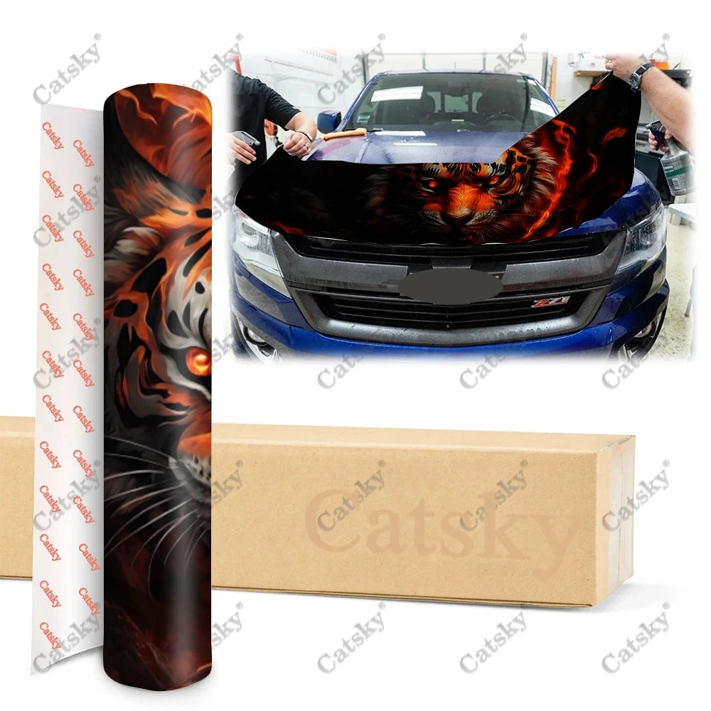 Angry Tiger With Flames Car Hood Vinyl Stickers Wrap Vinyl Film Engine Cover Decals Sticker on Car Auto Accessories